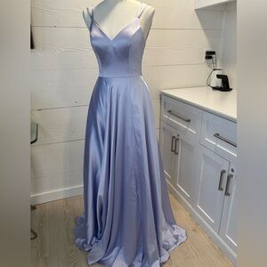 Rachel Allan Baby Blue Satin Gown A-Line Strappy Back Sample